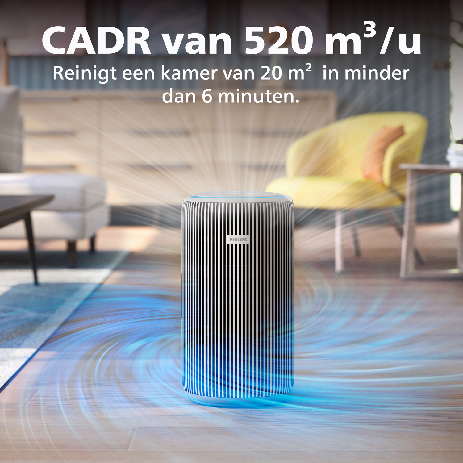 Een Philips luchtreiniger met 520 m³/u CADR reinigt een kamer van 20 m² in minder dan 6 min.