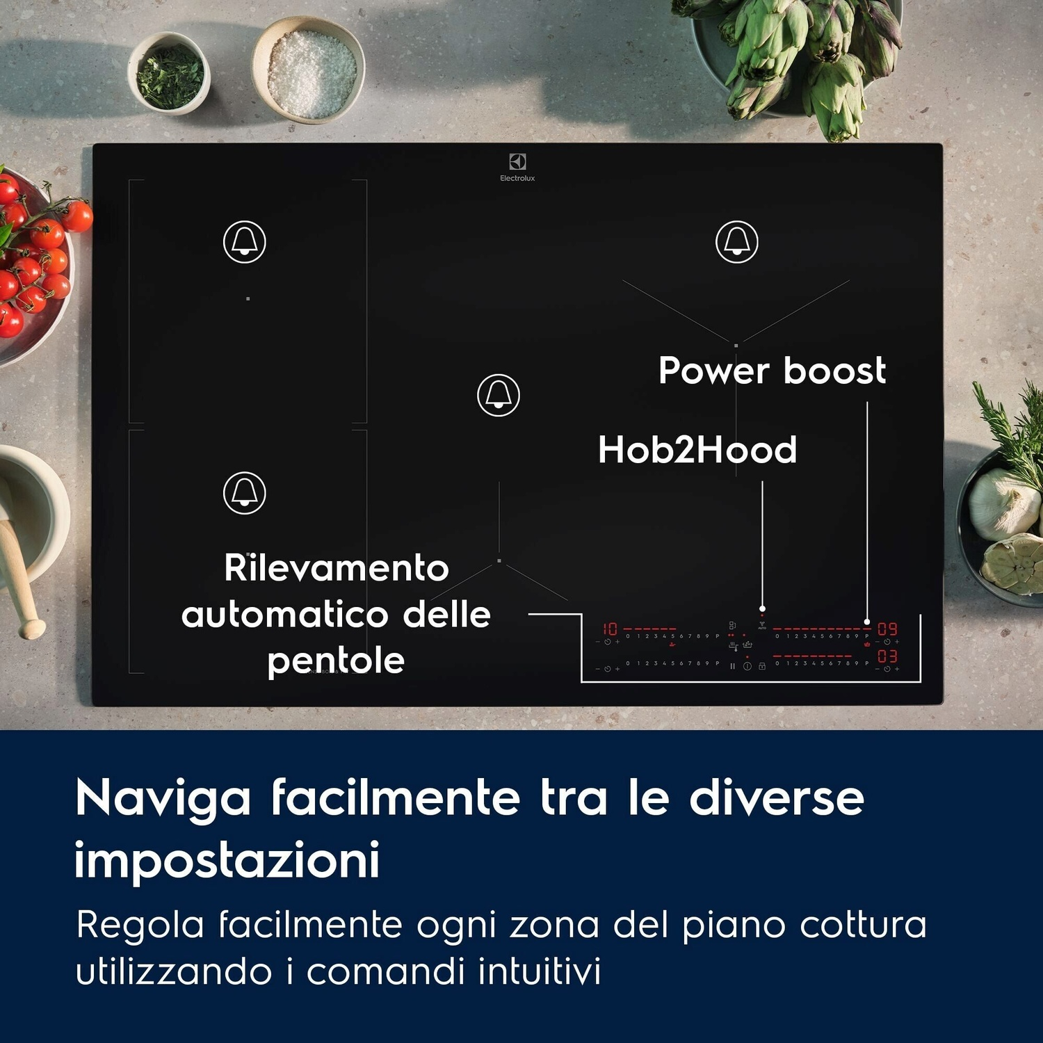 Piano cottura a induzione nero con icone zone cottura, "Power boost", "Hob2Hood" e comandi.