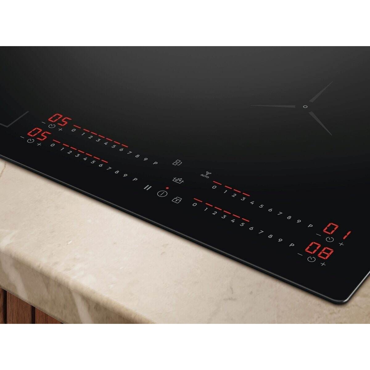 Un piano cottura a induzione con display digitali rossi e controlli.