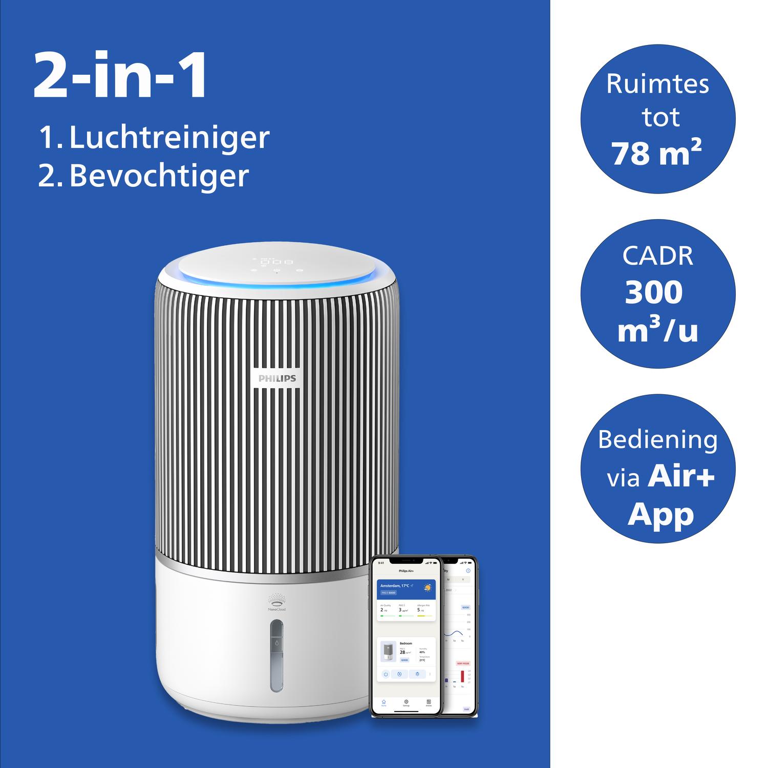 Philips 2-in-1 luchtreiniger en luchtbevochtiger met app-bediening voor 78m².