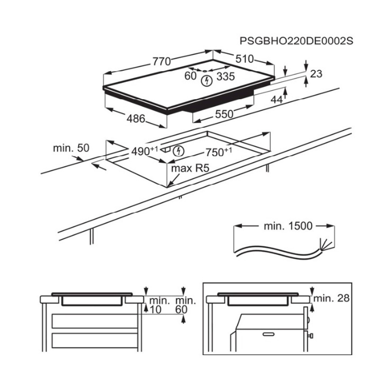 Diagramma di un piano cottura a induzione, che mostra dimensioni e distanze di installazione.