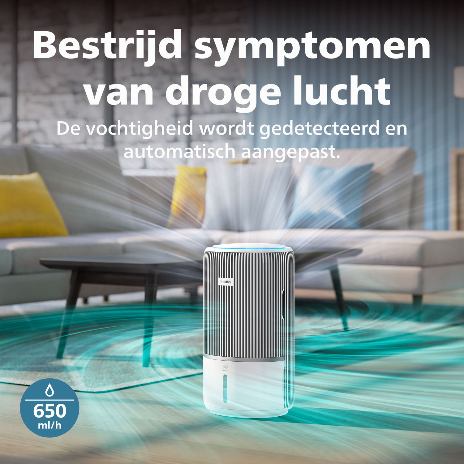 Luchtbevochtiger in woonkamer geeft vocht af. 650 ml/h.
