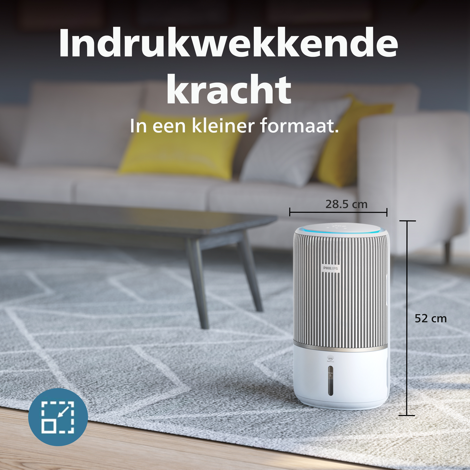 Een witte luchtreiniger met blauwe lichtring staat op een kleed.