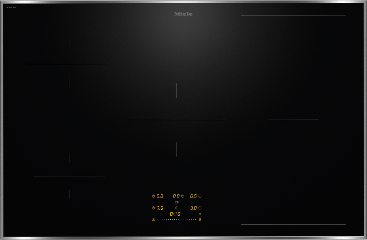 Ein schwarzes Miele Induktionskochfeld mit Touch-Bedienfeld und Timer.