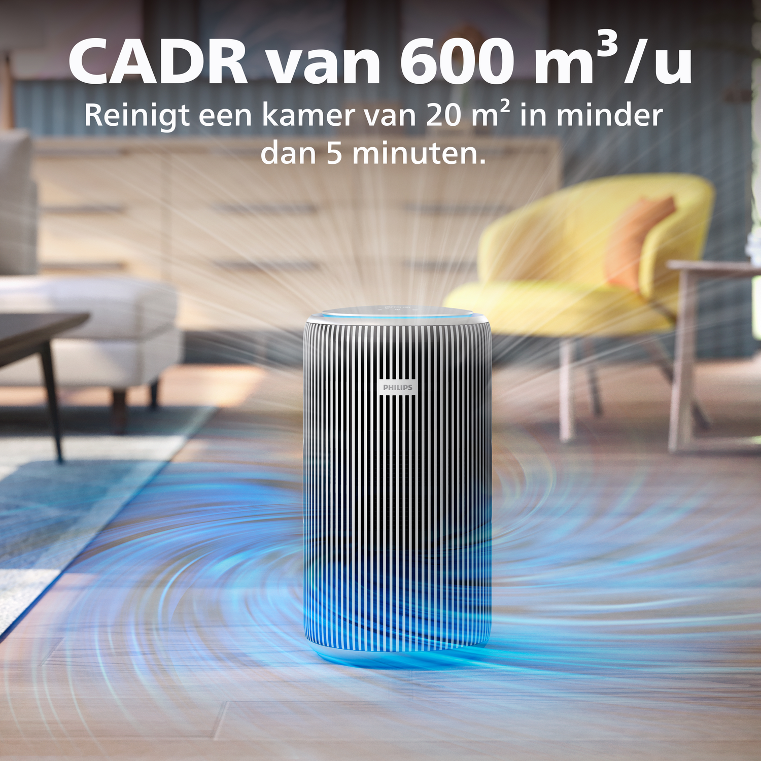 A Philips air purifier in a living room with blue air swirls.