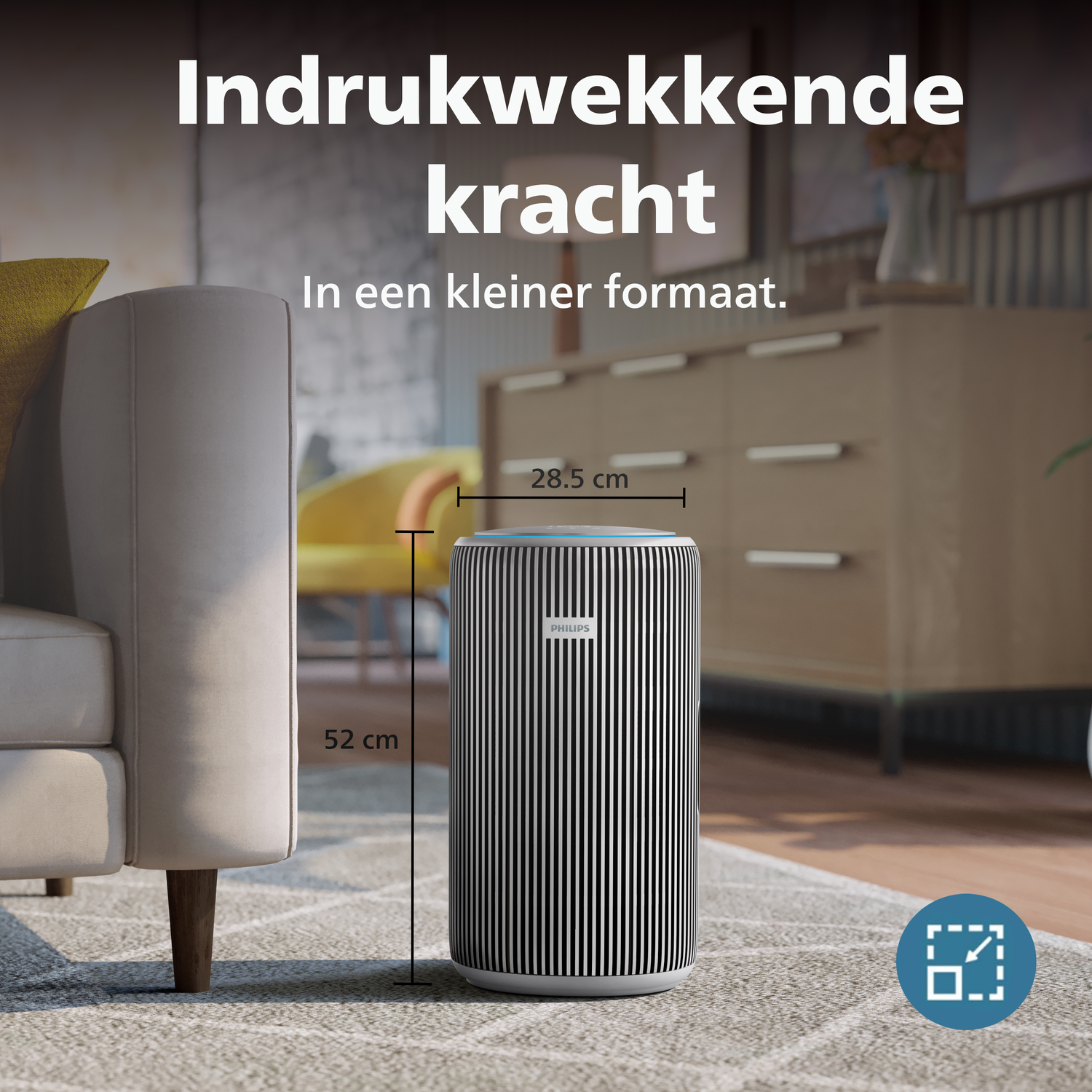 A Philips air purifier (52x28.5cm) stands on a rug next to a sofa.