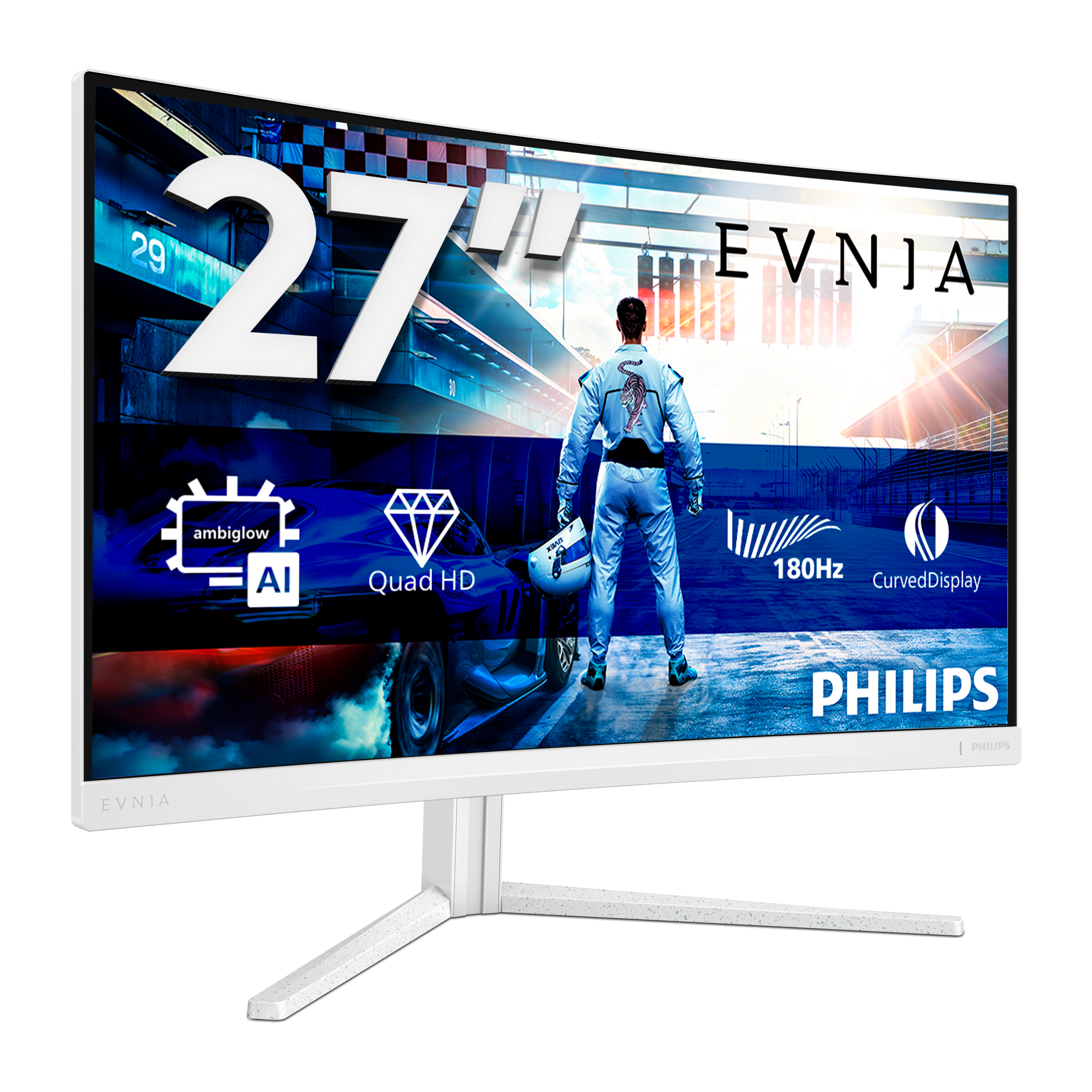 Ein 27-Zoll-Monitor zeigt eine Rennstrecke mit einem Rennfahrer.