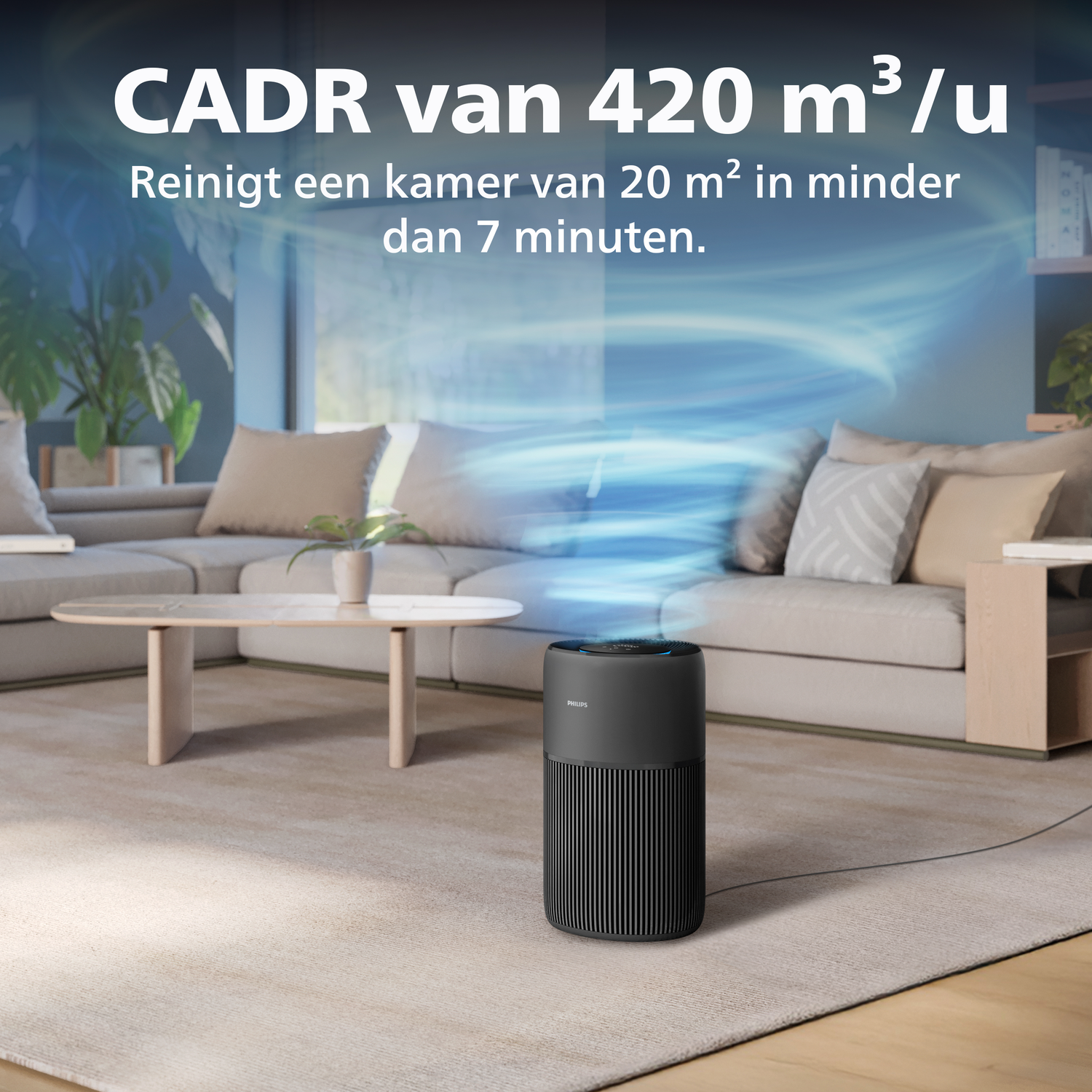A black air purifier in a living room, generating blue airflow.