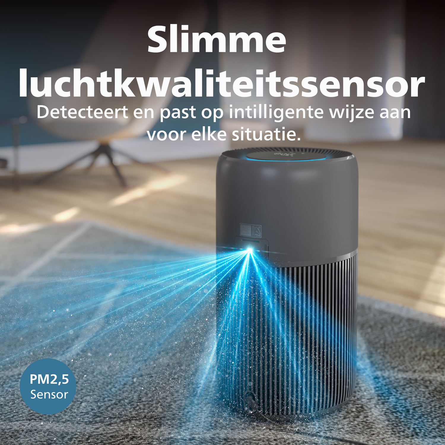 A dark air purifier with blue light beams detecting dust particles.