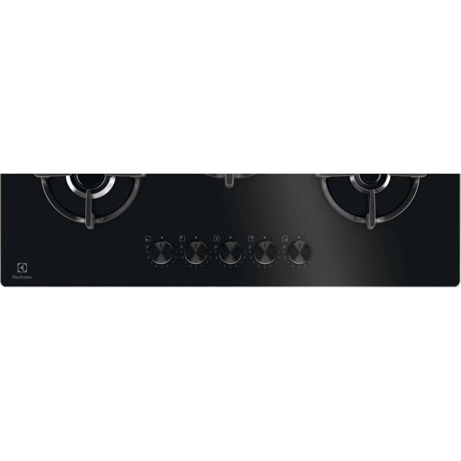 Piano cottura nero con due bruciatori e cinque manopole. Logo Electrolux a sinistra.
