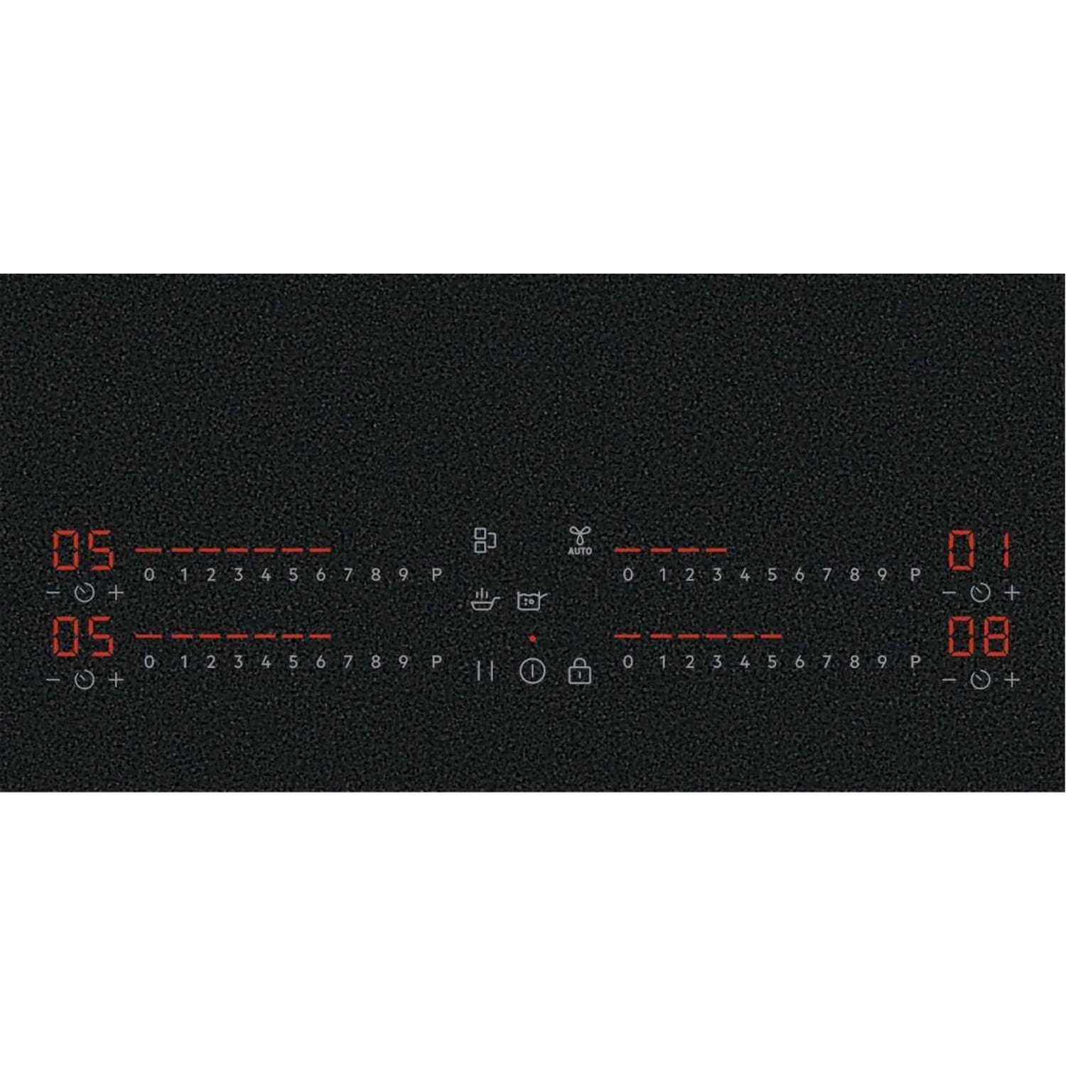 Due zone di cottura con display digitali che mostrano potenza e impostazioni del timer.