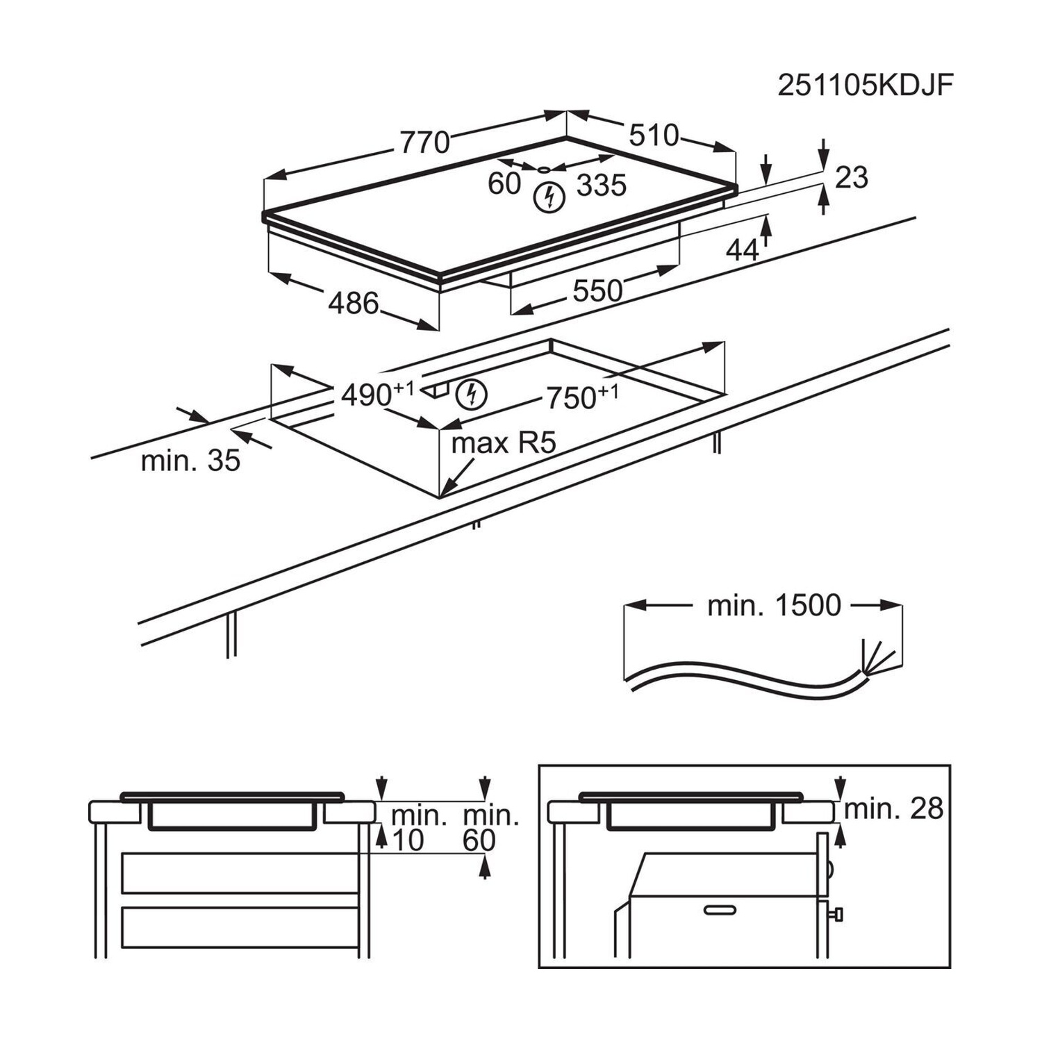 Disegno tecnico di un piano cottura con dimensioni e dettagli di installazione.