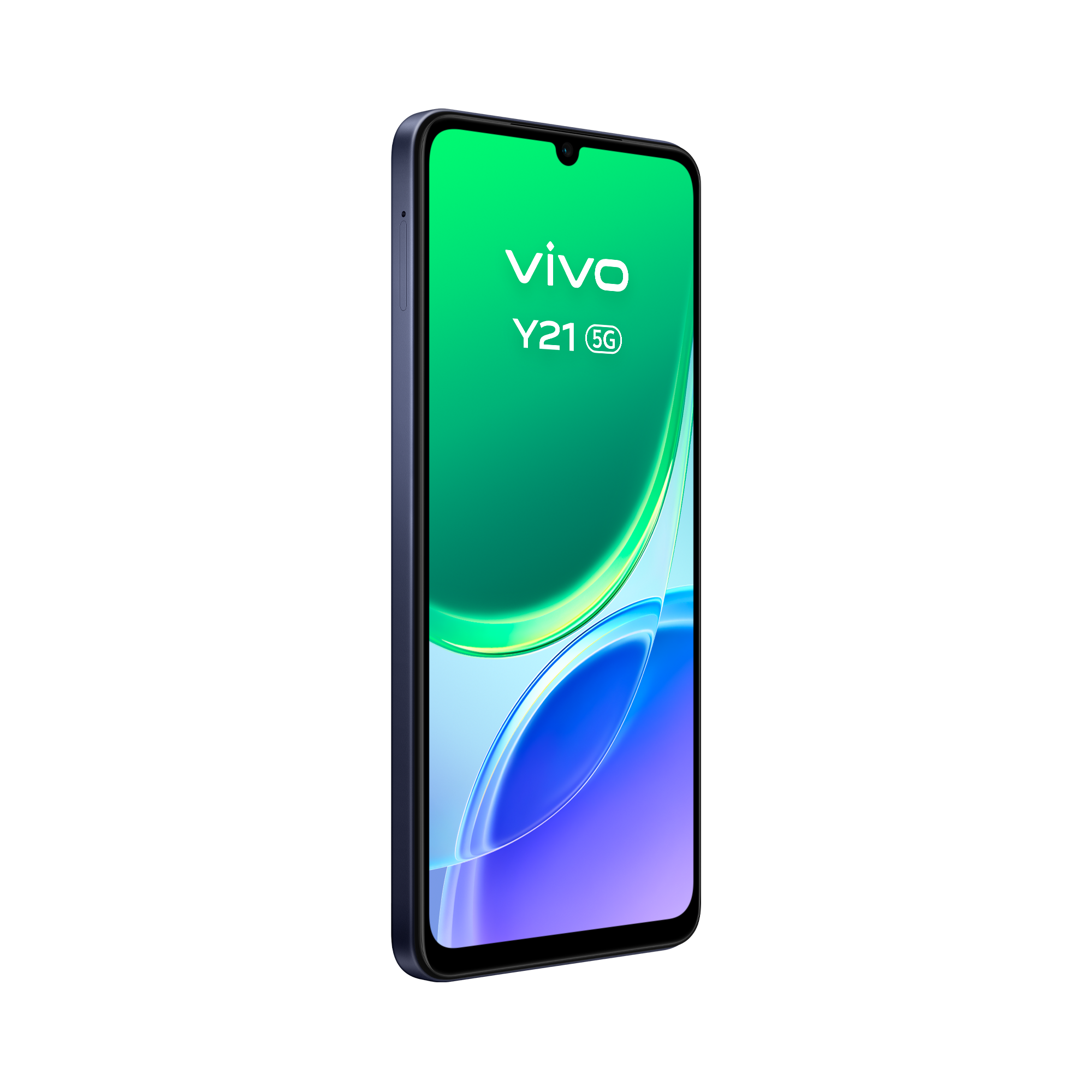 Un smartphone Vivo Y21 5G azul con fondo verde y azul.