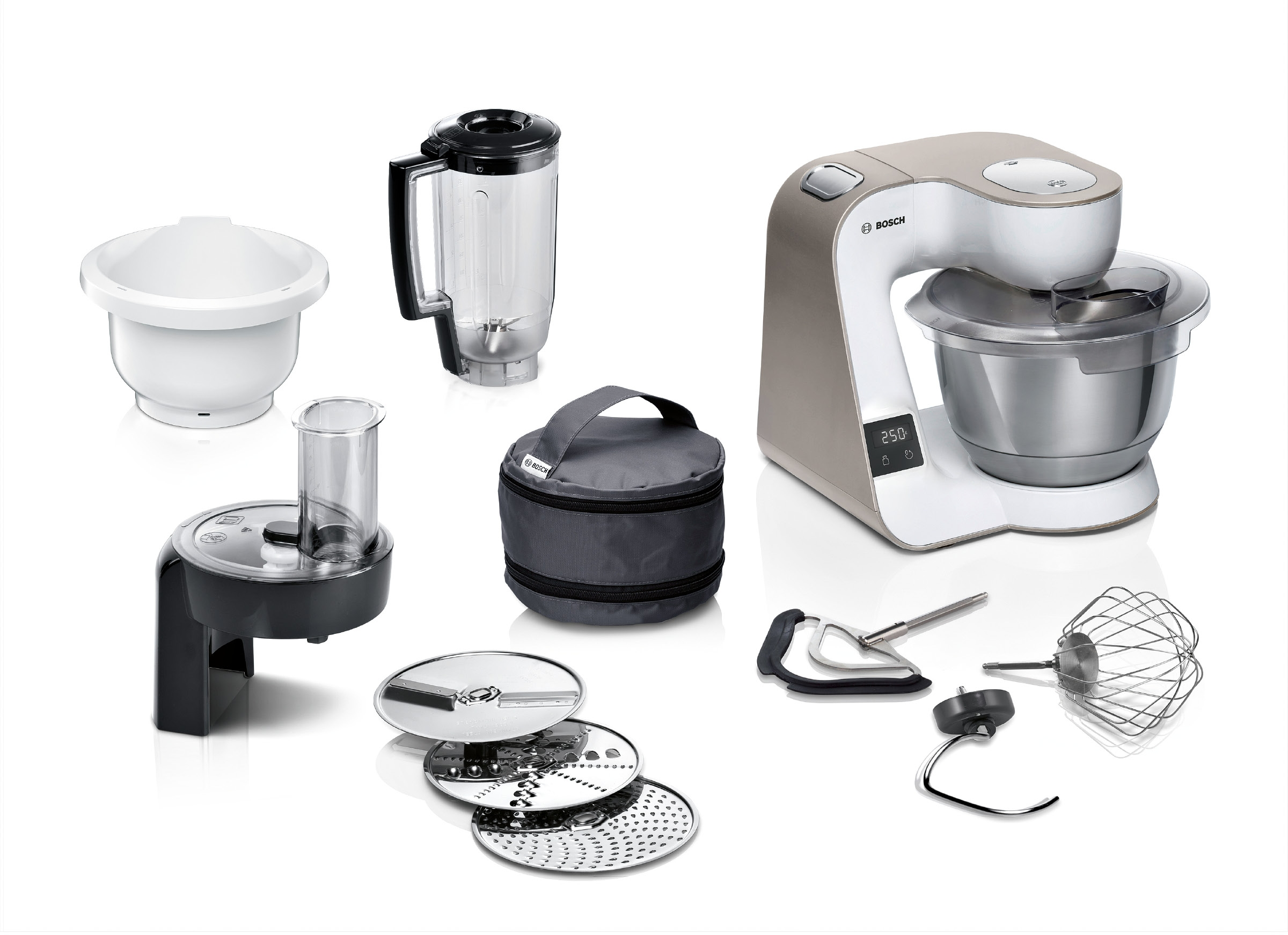 Eine Bosch Küchenmaschine mit Zubehör: Schüsseln, Mixer, Küchenmaschine, Schneebesen, Knethaken.