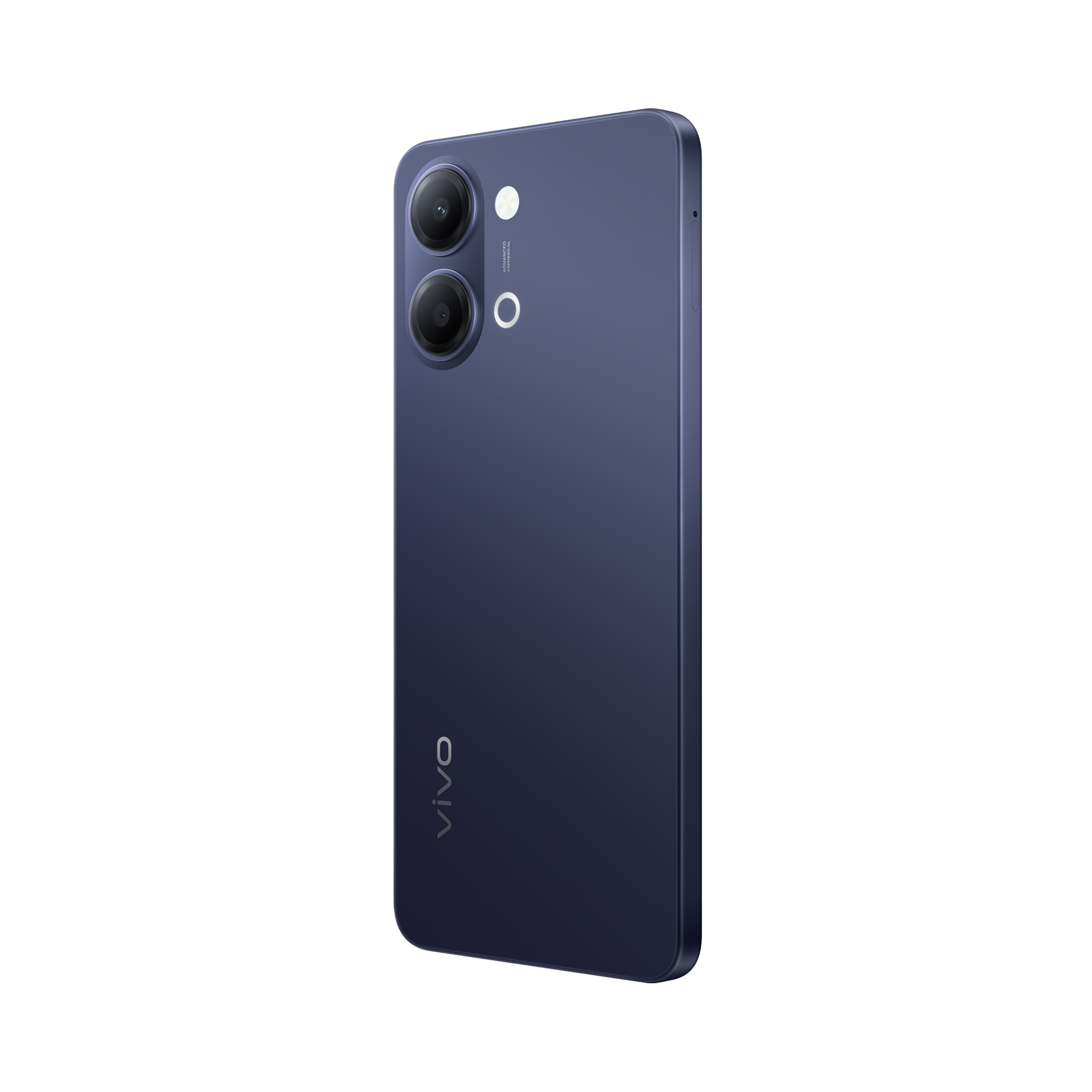 Un smartphone Vivo azul oscuro con doble cámara y flash, aislado en negro.