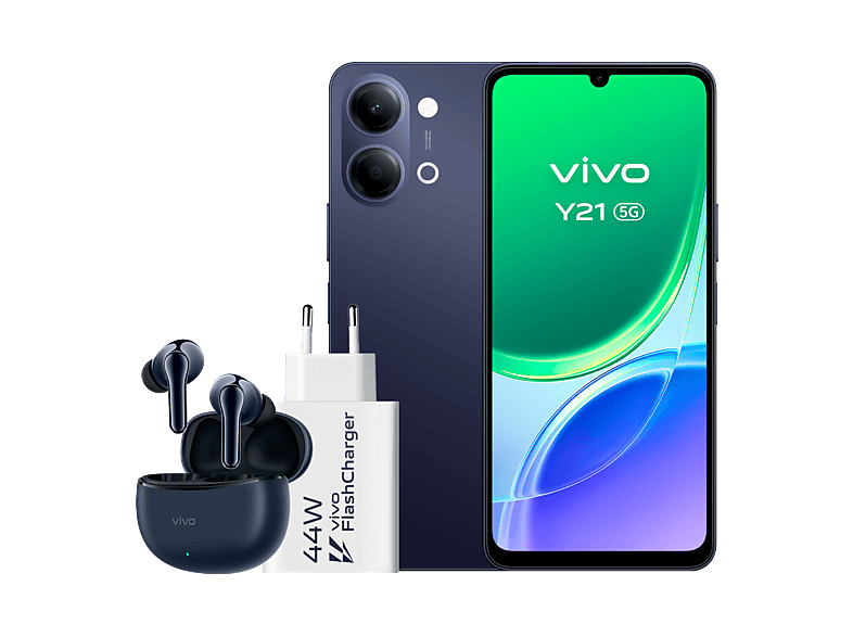 Móvil - vivo Y21 5G, Voyage Black, 256GB, 4GB RAM, 6.74" 1200 nits, MediaTek Dimensity 6300, 6500mAh + Auriculares TWS 3e Cargador FlashCharger 44W