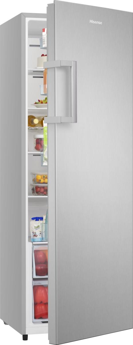 Ein silberner Hisense-Kühlschrank mit geöffneter Tür, gefüllt mit Lebensmitteln.