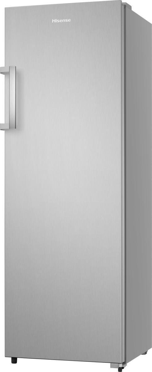 Ein schlanker, silberner Hisense-Kühlschrank mit einem vertikalen Griff an der linken Tür.