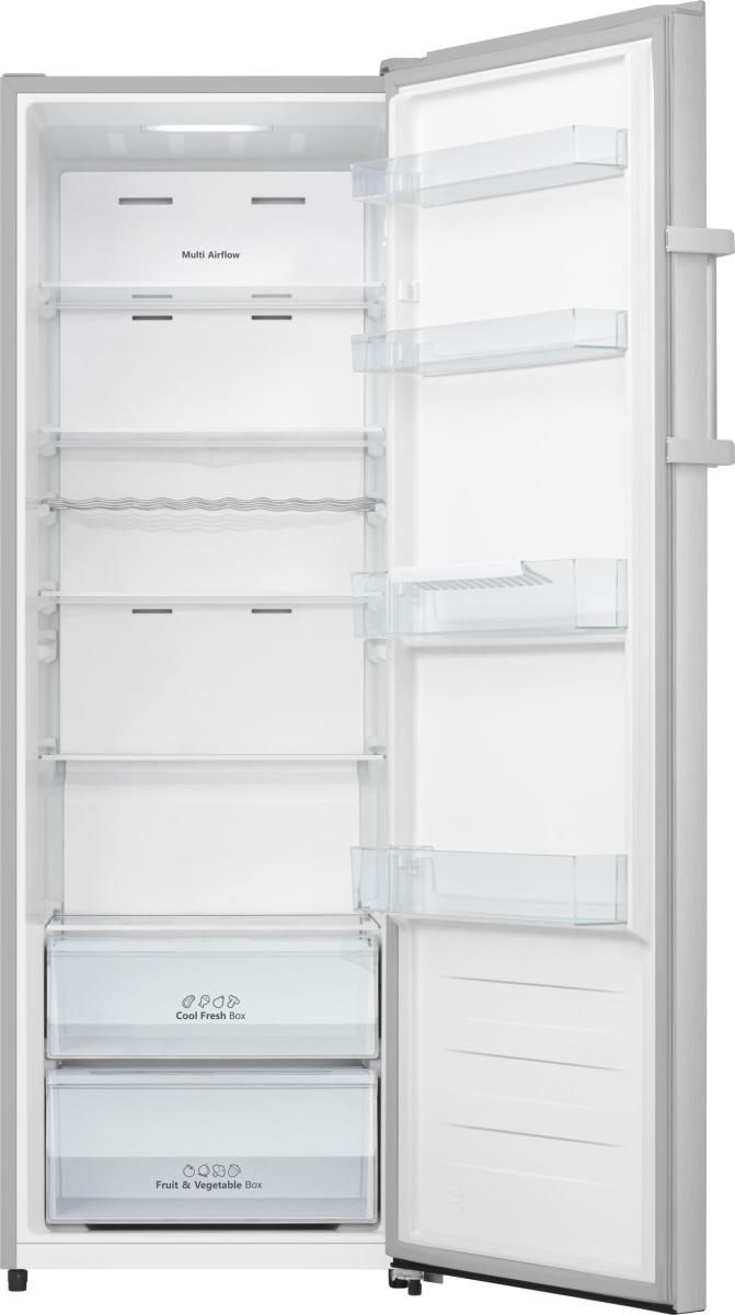 Ein leerer, offener Kühlschrank mit Glasböden und zwei Schubladen unten.
