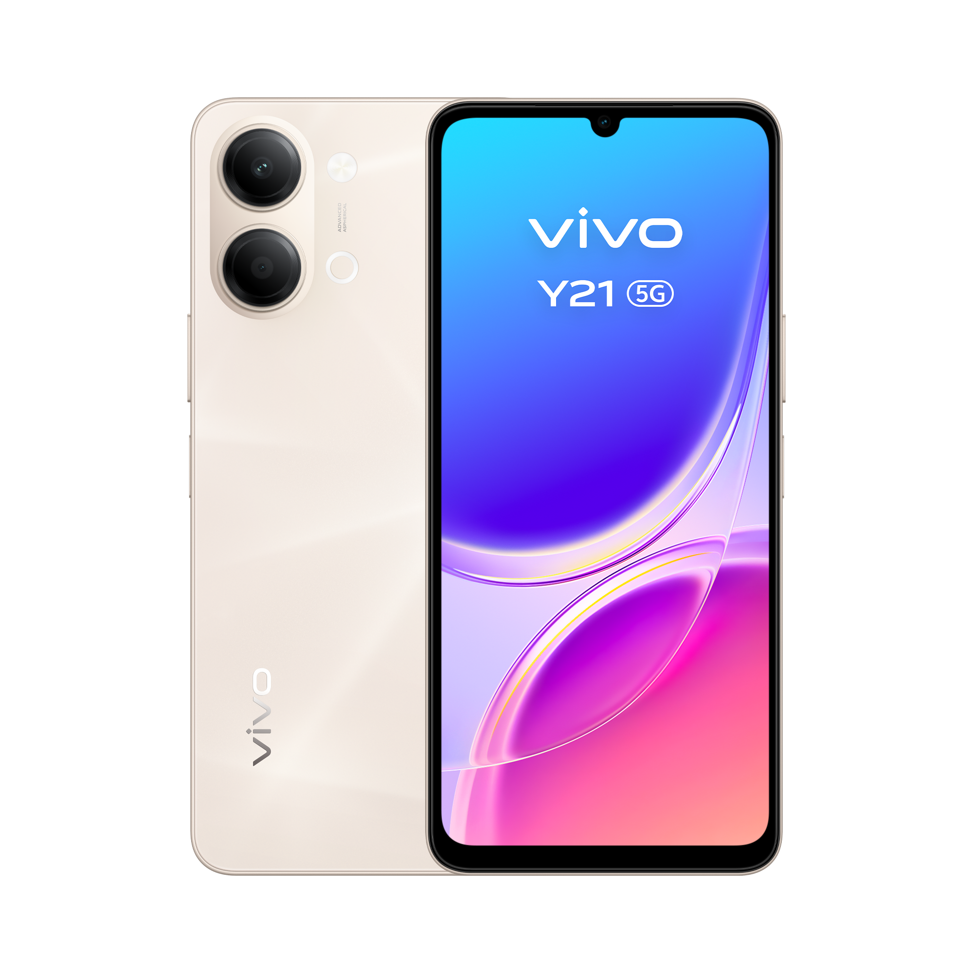 Un smartphone Vivo Y21 5G beige claro con cámara dual trasera sobre fondo negro.