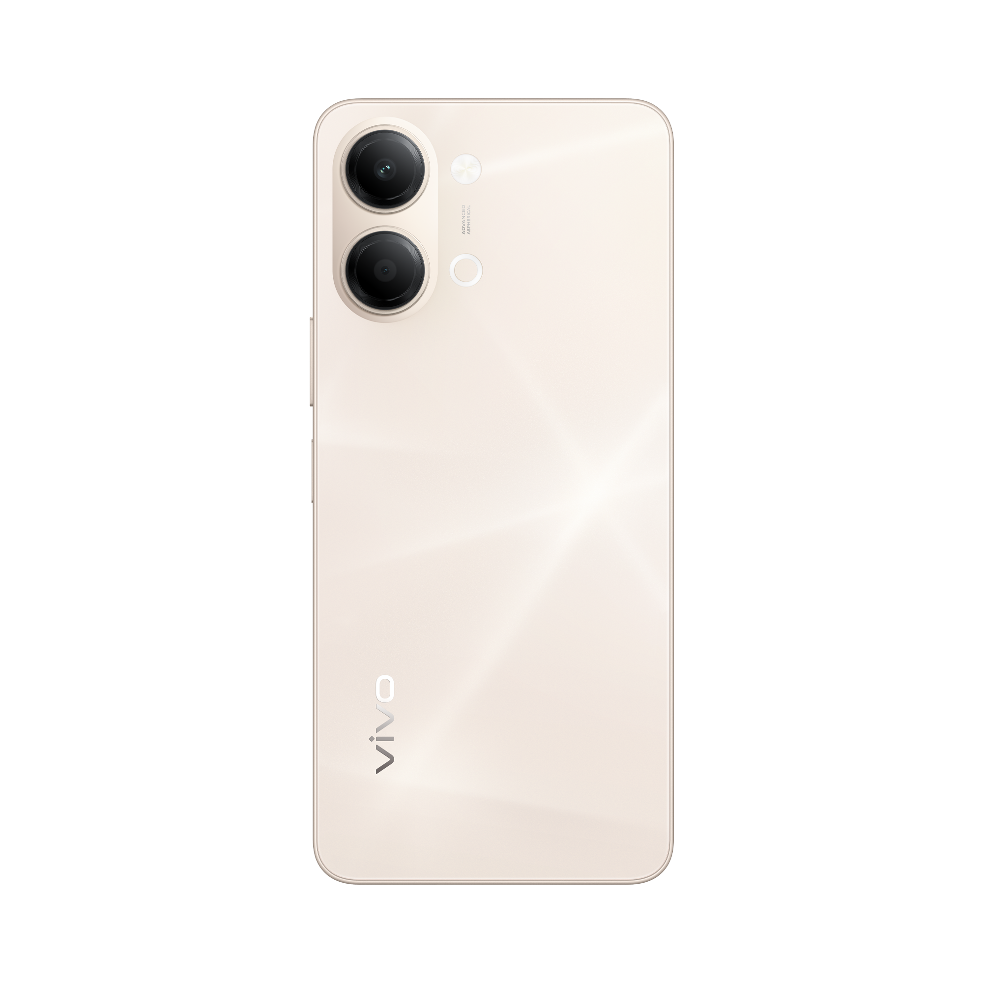 Parte trasera de un smartphone color crema con dos lentes de cámara y el logo de Vivo.