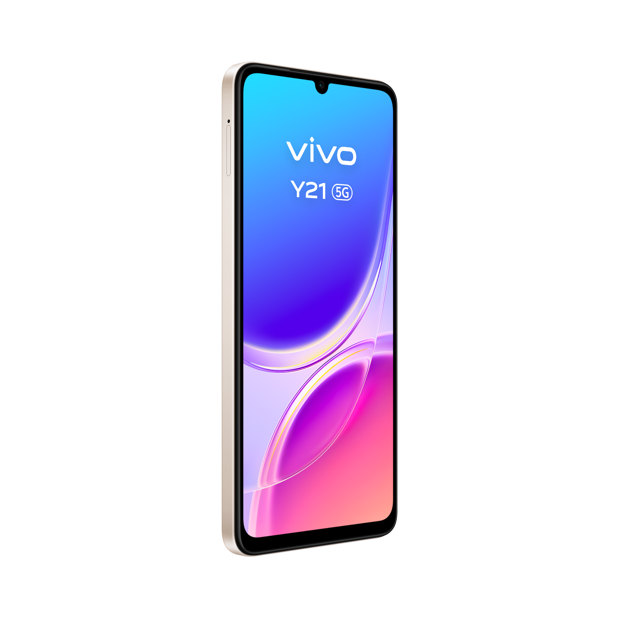 Un smartphone Vivo Y21 5G dorado con un fondo degradado azul y púrpura.