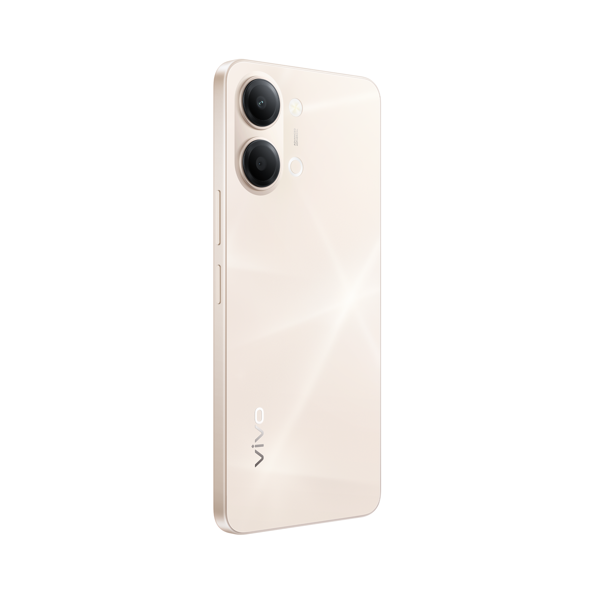 Un smartphone beige claro con doble cámara trasera, aislado sobre fondo negro.