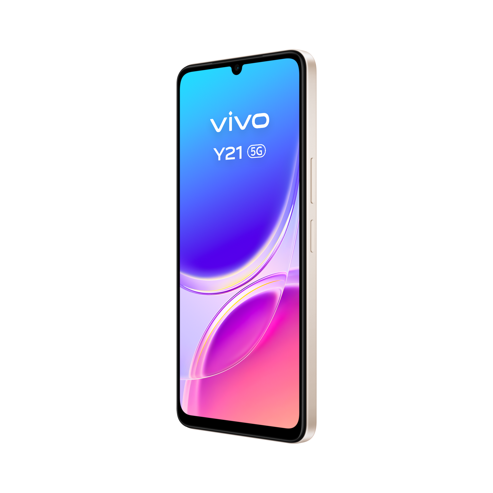 Un smartphone Vivo Y21 5G dorado claro con pantalla degradada.