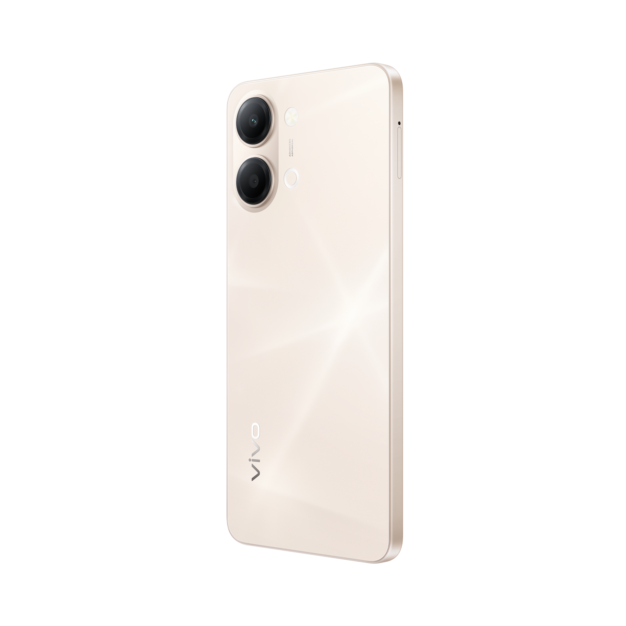 Un smartphone beige claro con dos cámaras, logo VIVO y un patrón.