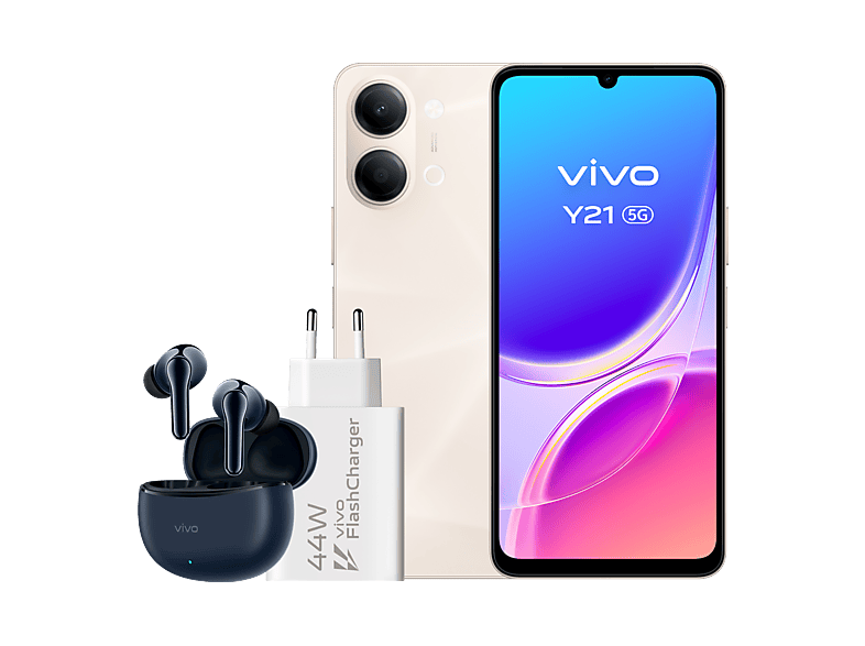 Móvil - vivo Y21 5G, Champagne Gold, 256GB, 4GB RAM, 6.74" 1200 nit, MediaTek Dimensity 6300, 6500mAh + Auriculares TWS 3e Cargador FlashCharger 44W