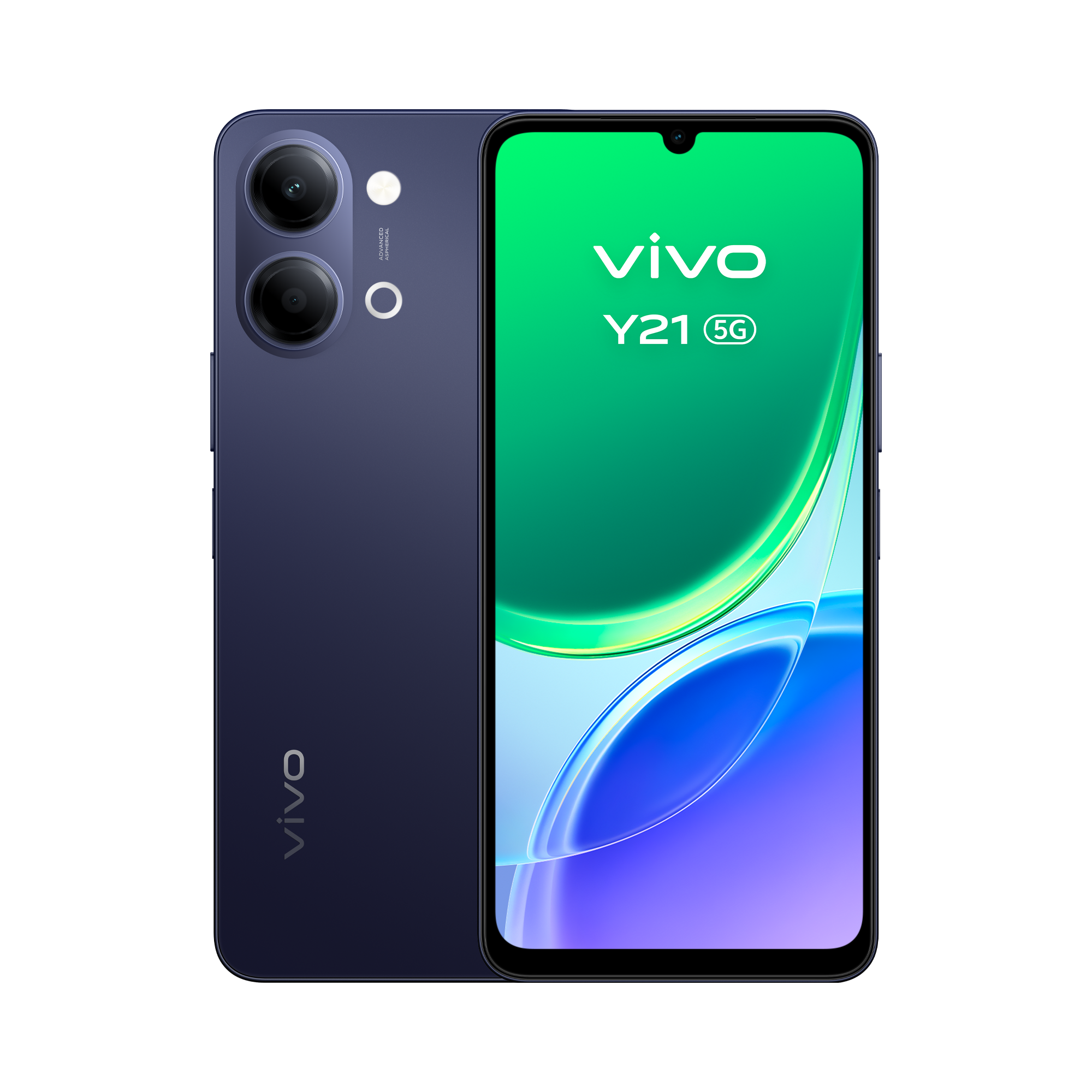 Smartphone Vivo Y21 5G azul oscuro con dos lentes de cámara en la parte trasera.