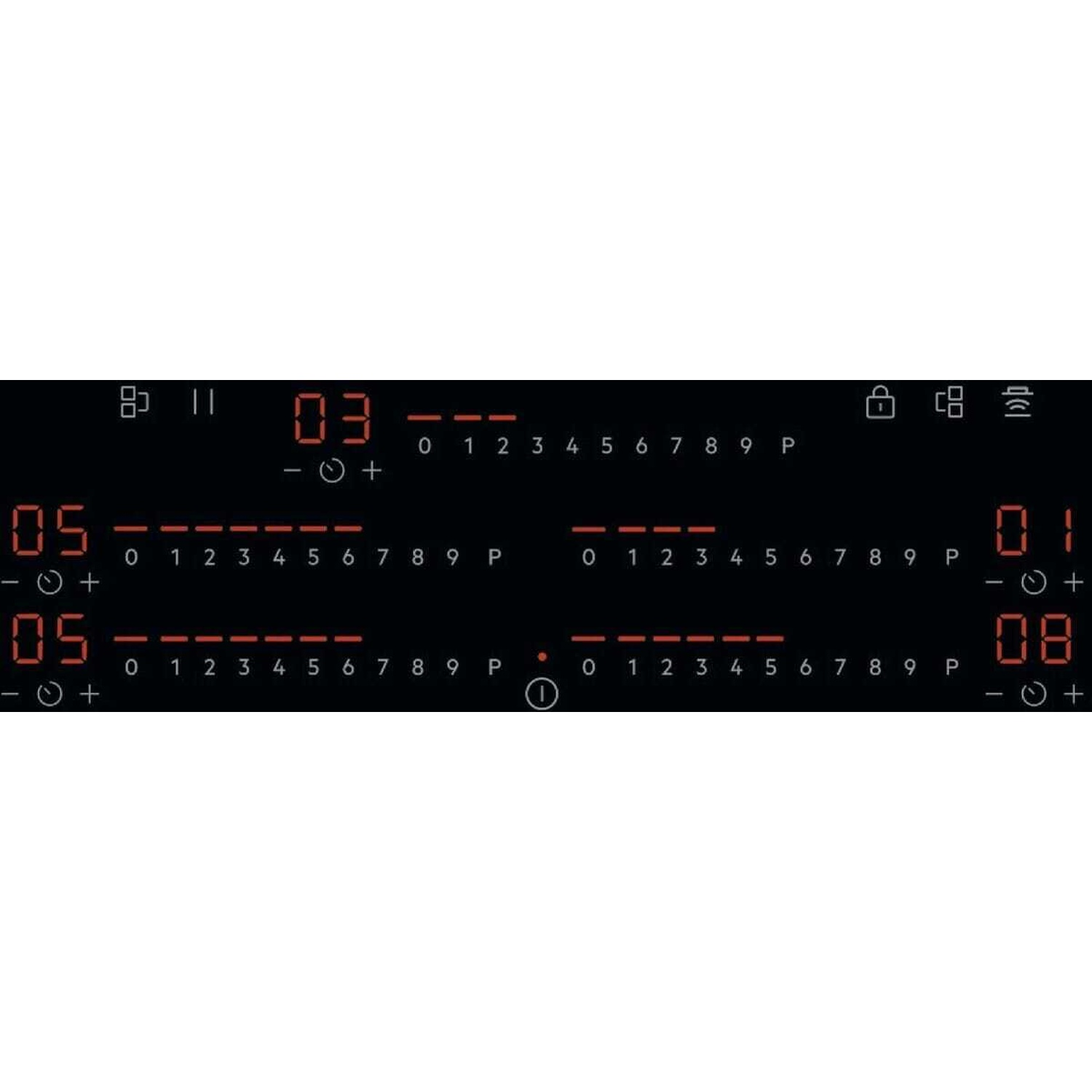 Display piano cottura con numeri rossi per temperatura e timer.