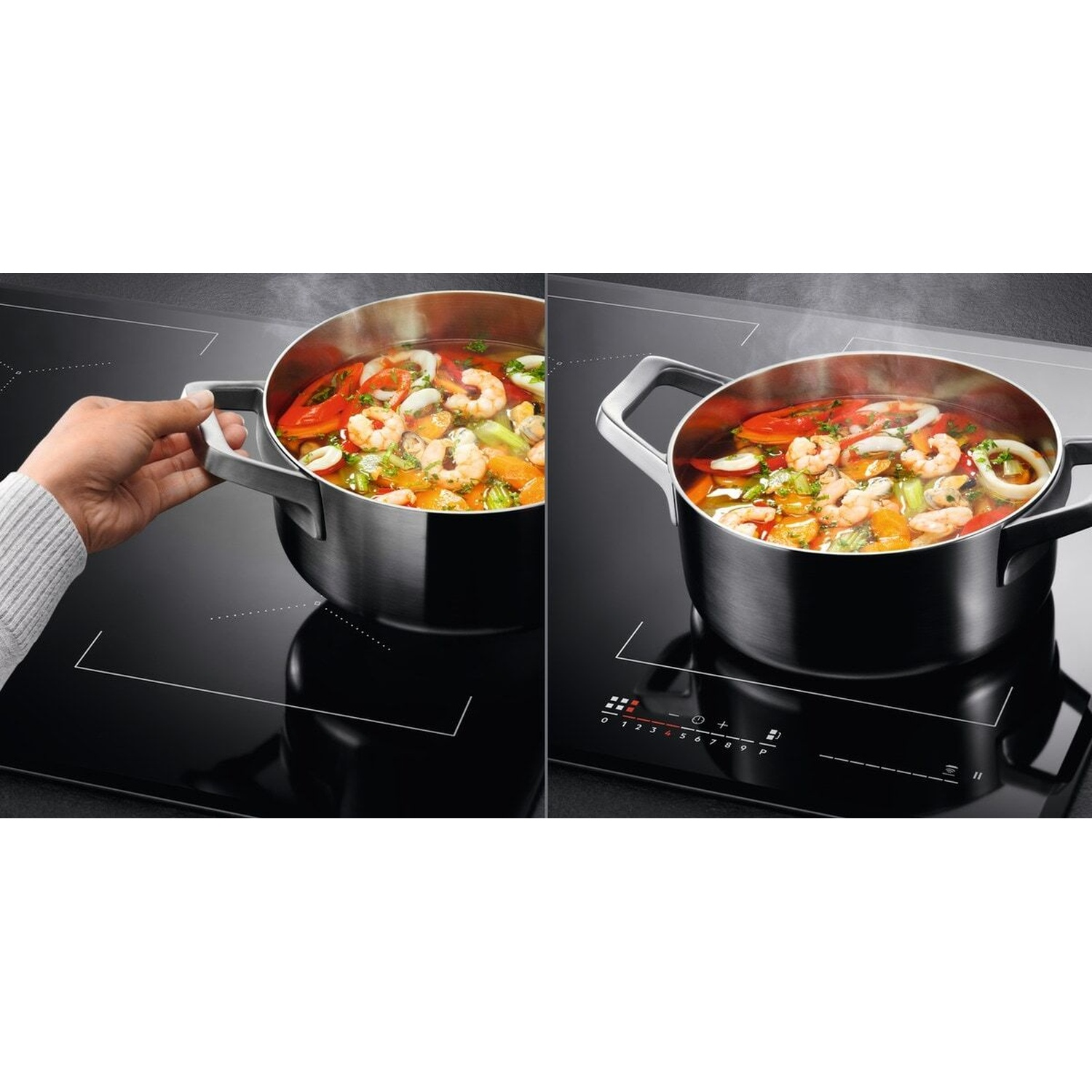 Pentola di frutti di mare e verdure su un piano cottura a induzione.