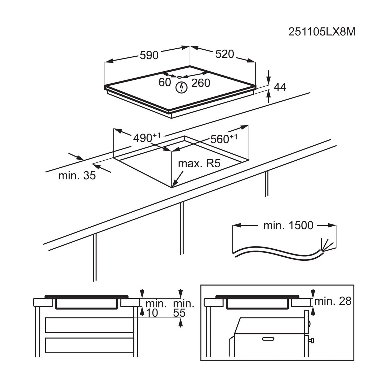 Disegno tecnico di un piano cottura con dimensioni e dettagli di installazione.