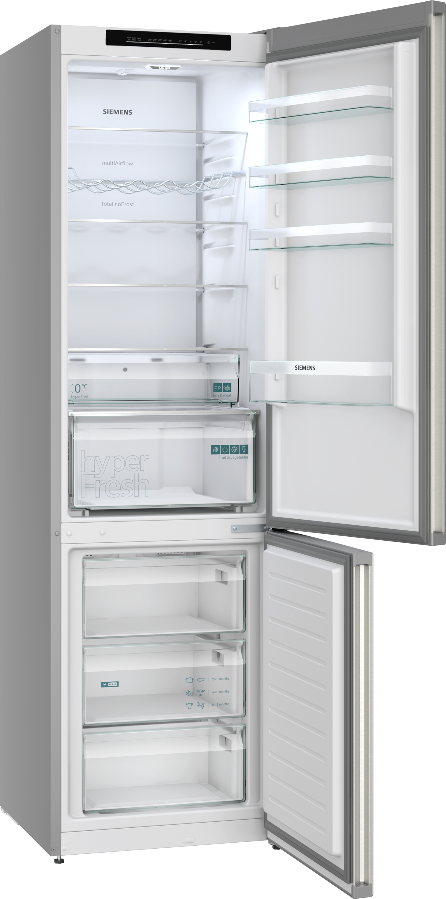 Ein offener Siemens-Kühlschrank mit mehreren Glasböden und Schubladen.