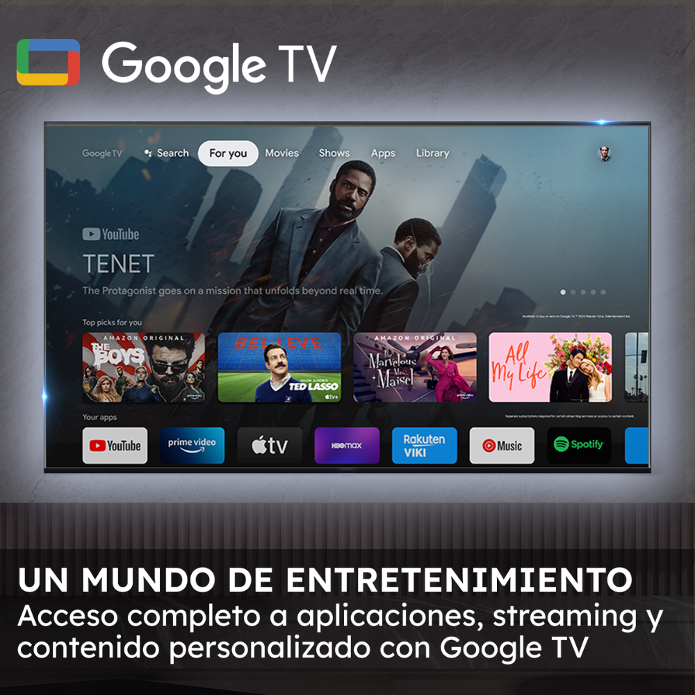 Pantalla de inicio de Google TV con sugerencias de películas e iconos.