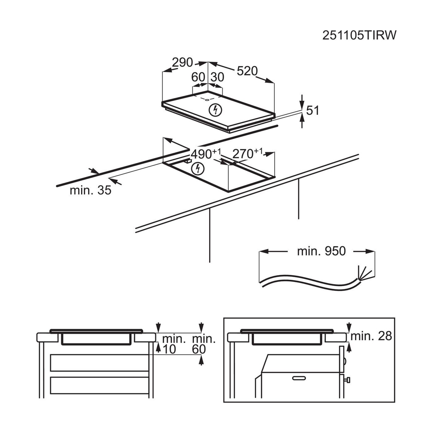 Disegno tecnico con dimensioni per un piano cottura e misure di installazione.