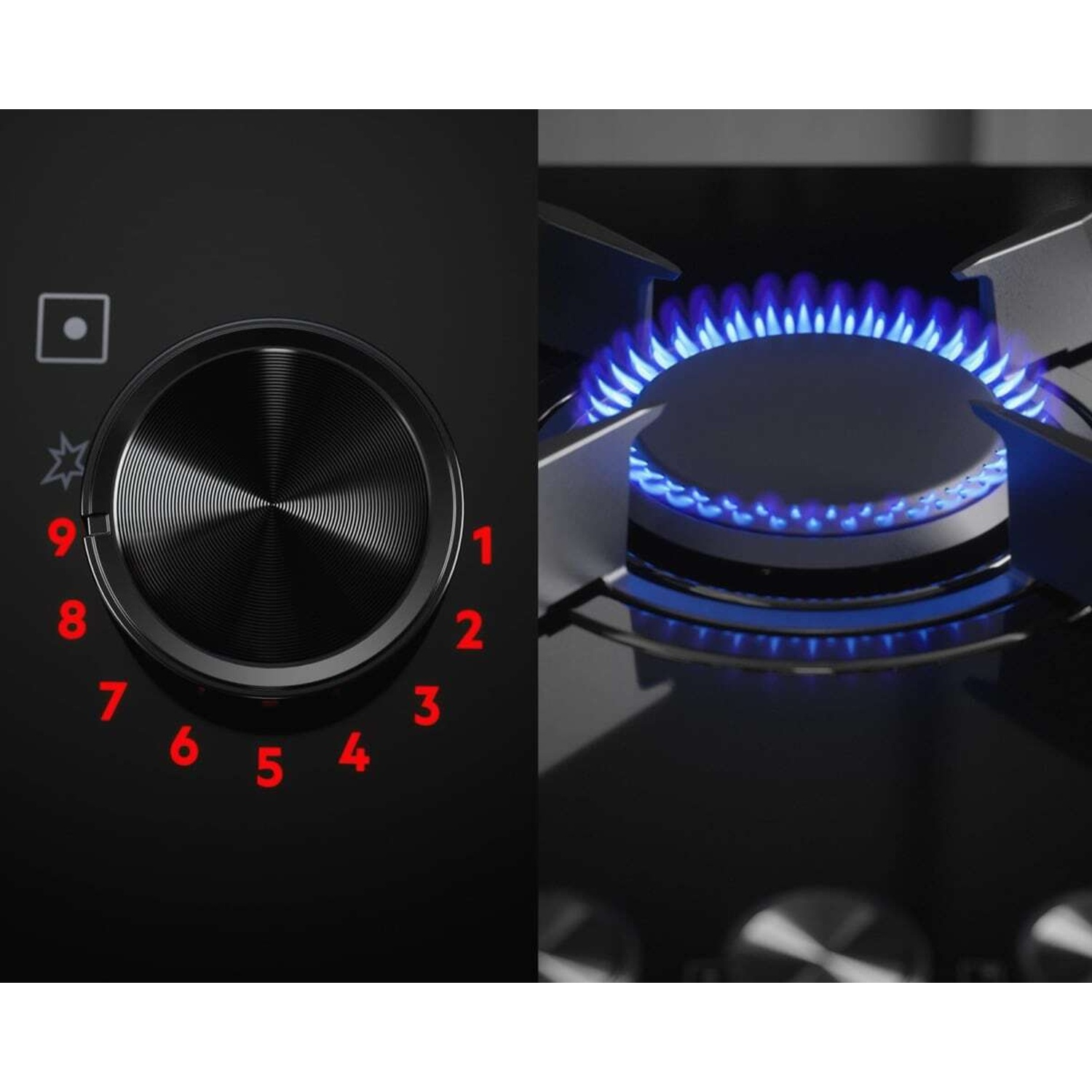 Fornello a gas con fiamme blu e manopola numerata da 1 a 9.