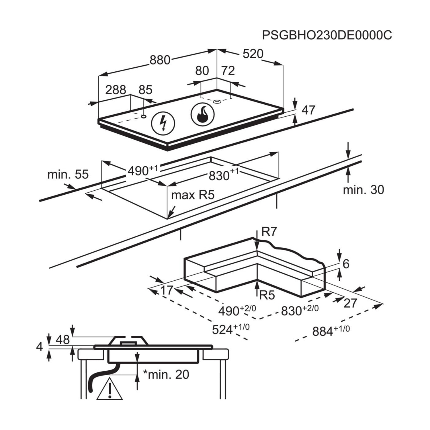 Disegno tecnico di un piano cottura con dimensioni e note di installazione.