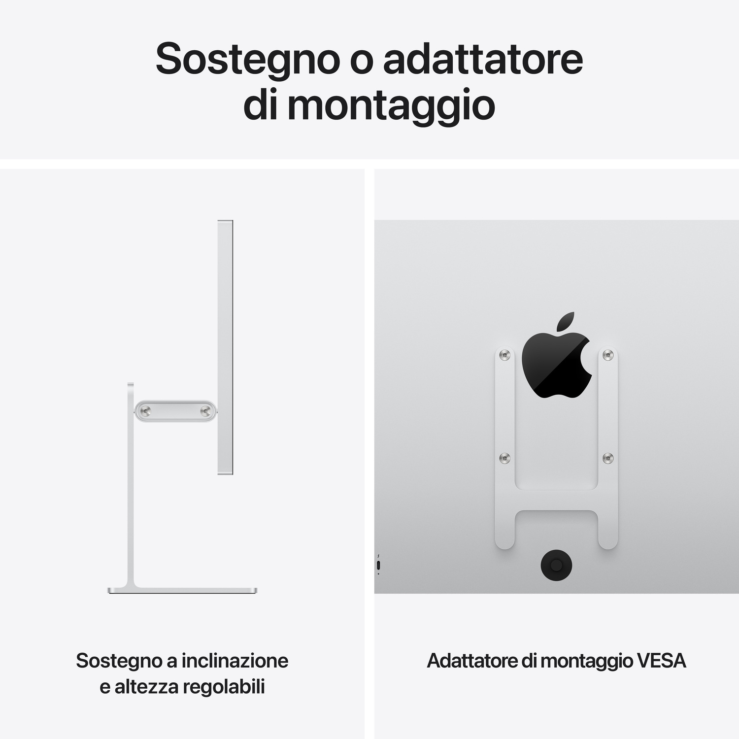 Un supporto per monitor argentato e un adattatore VESA con logo Apple.