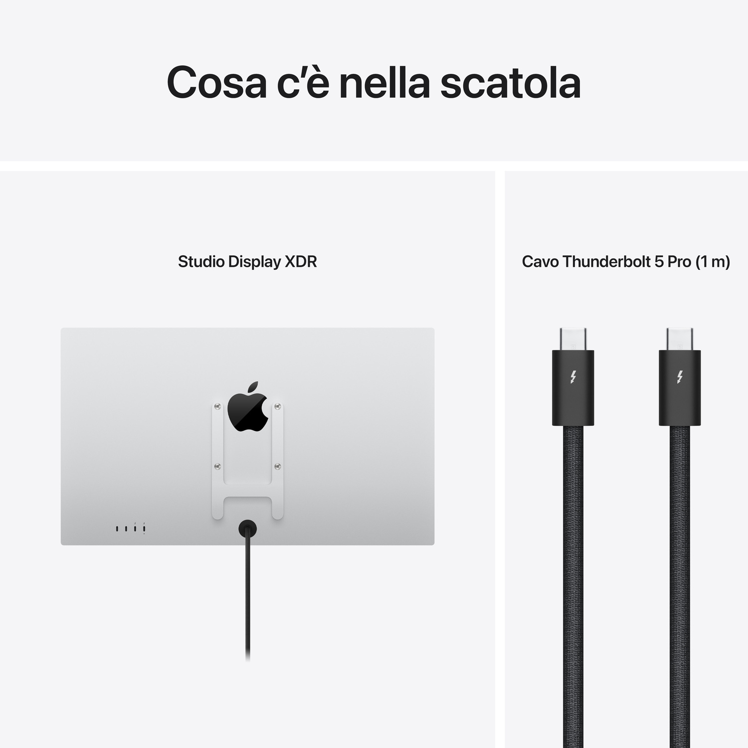 Retro Studio Display XDR e due cavi Thunderbolt 5 Pro.