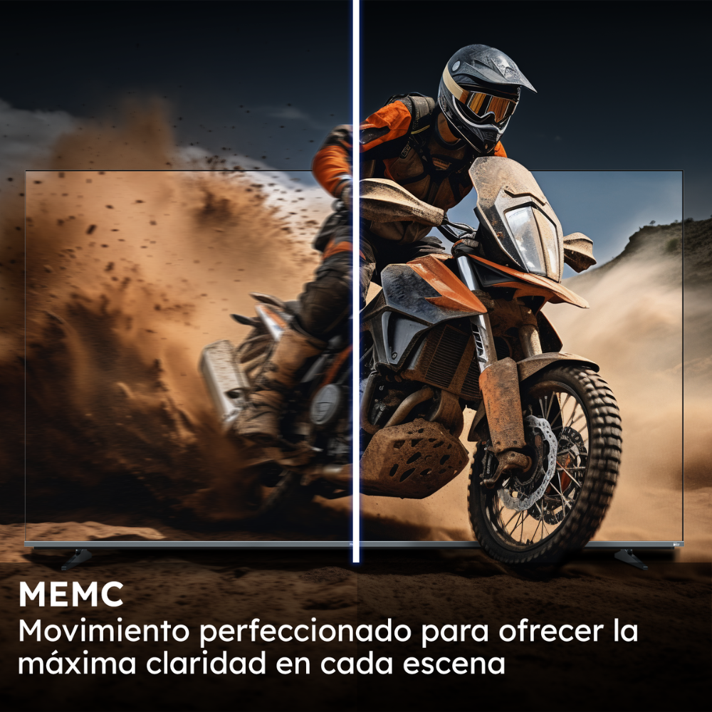 Piloto de moto en equipo naranja en pista polvorienta, en pantalla de TV dividida.