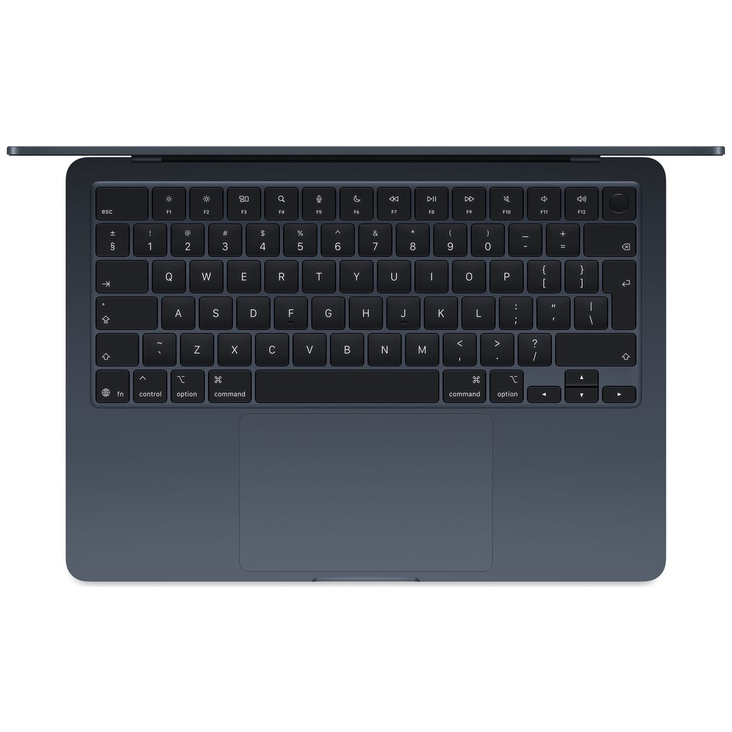 Een donkerblauw MacBook-toetsenbord en trackpad zijn van bovenaf getoond. Het scherm is licht geopend.