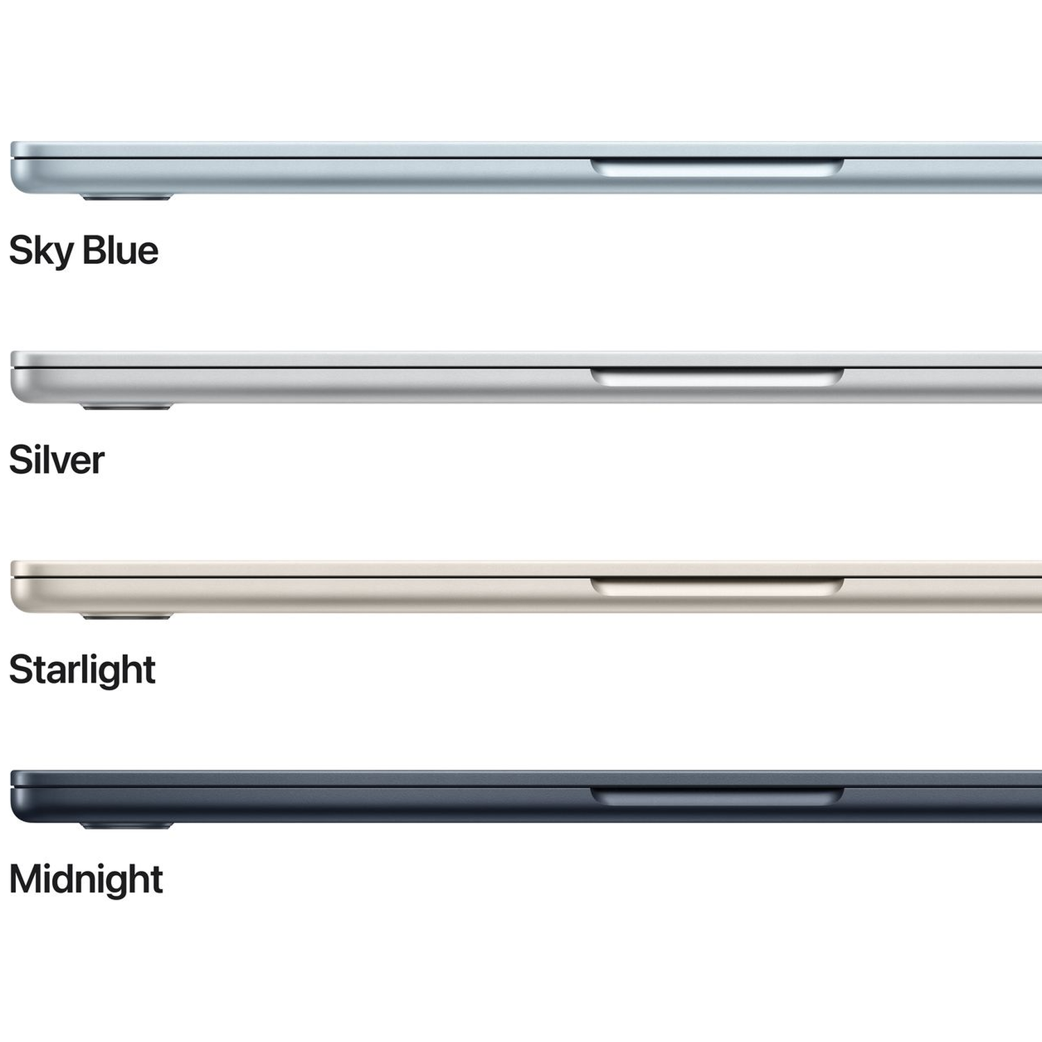 Vier laptops in Hemelsblauw, Zilver, Starlight en Middernacht, van boven naar beneden.