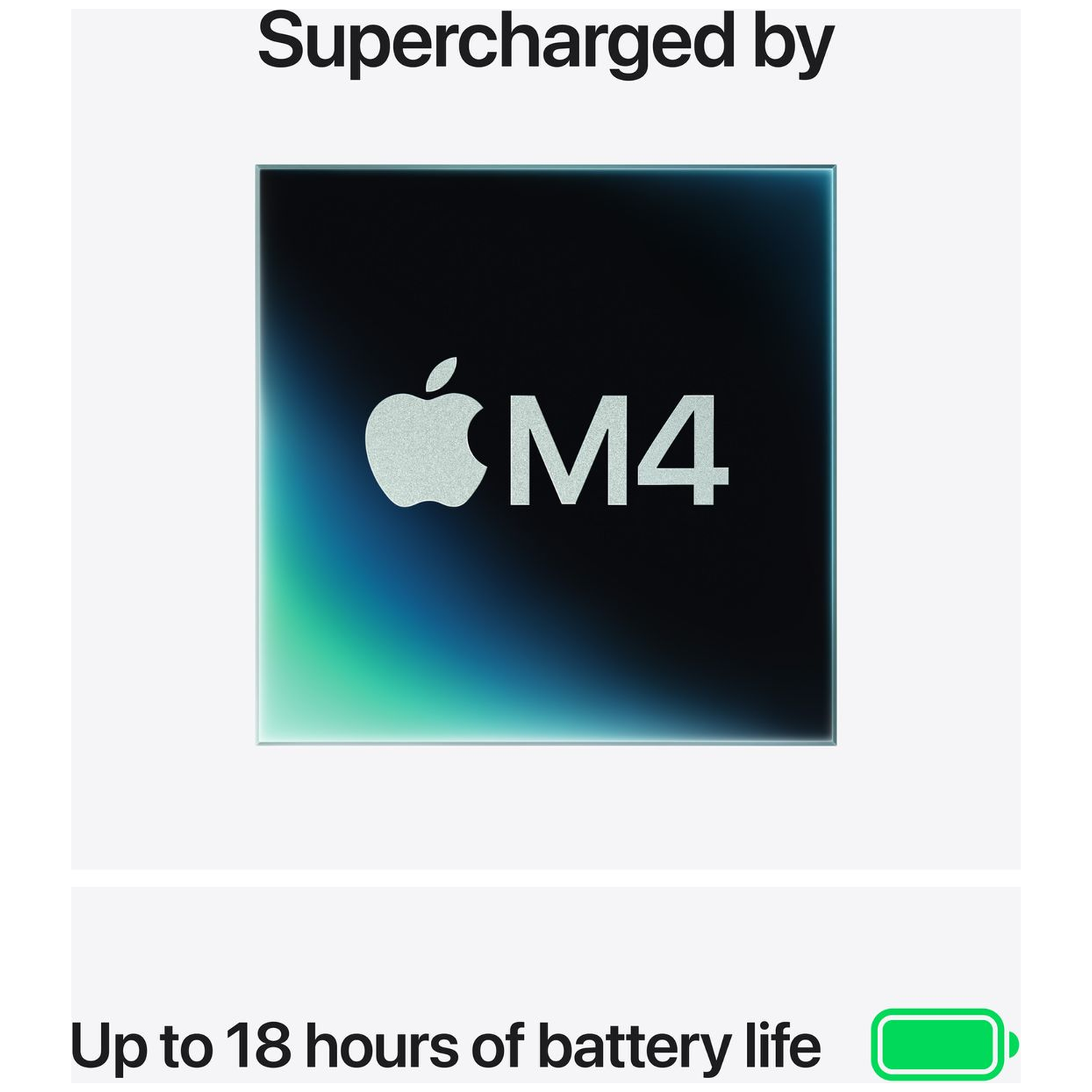 Apple M4-chip, met tot 18 uur batterijduur.