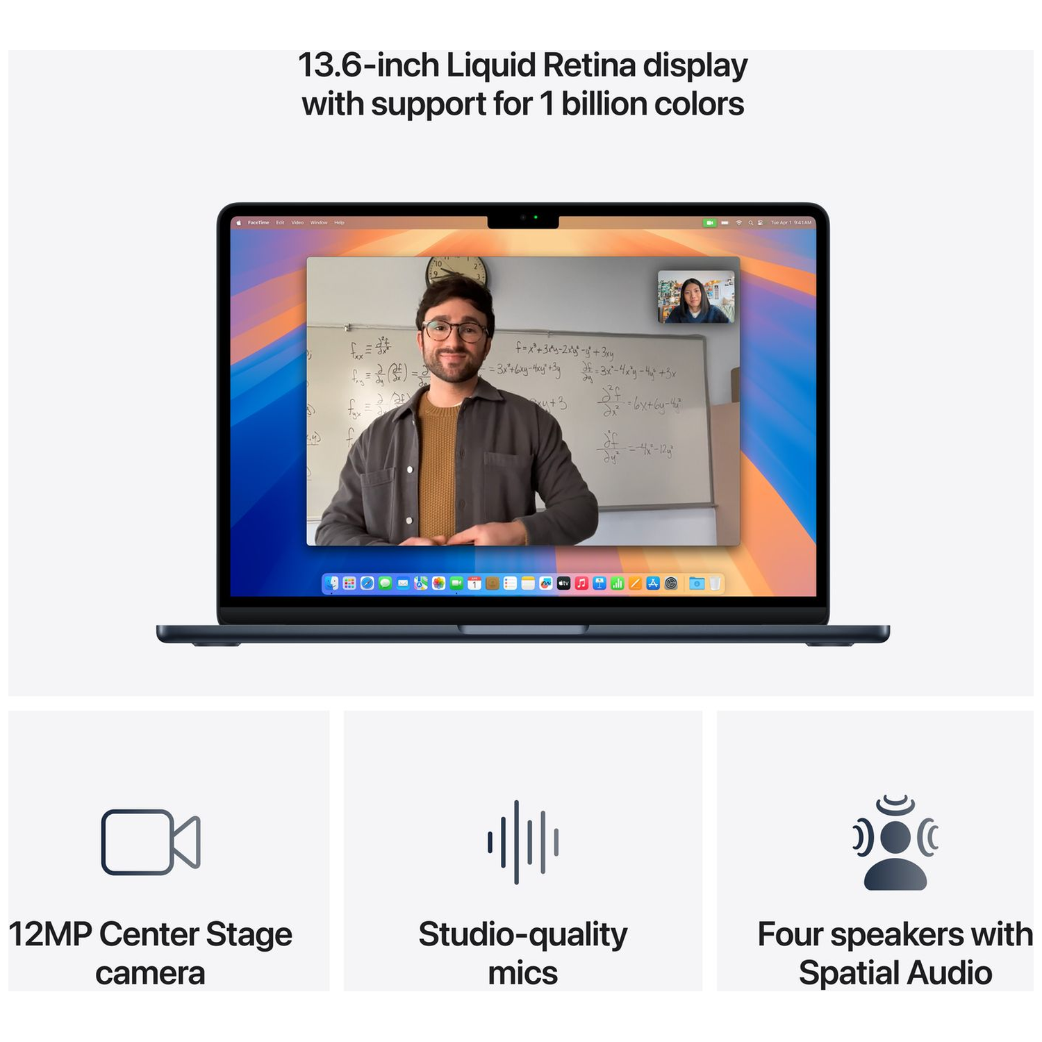 Een laptop met 13,6-inch display toont een videogesprek met wiskundige vergelijkingen.