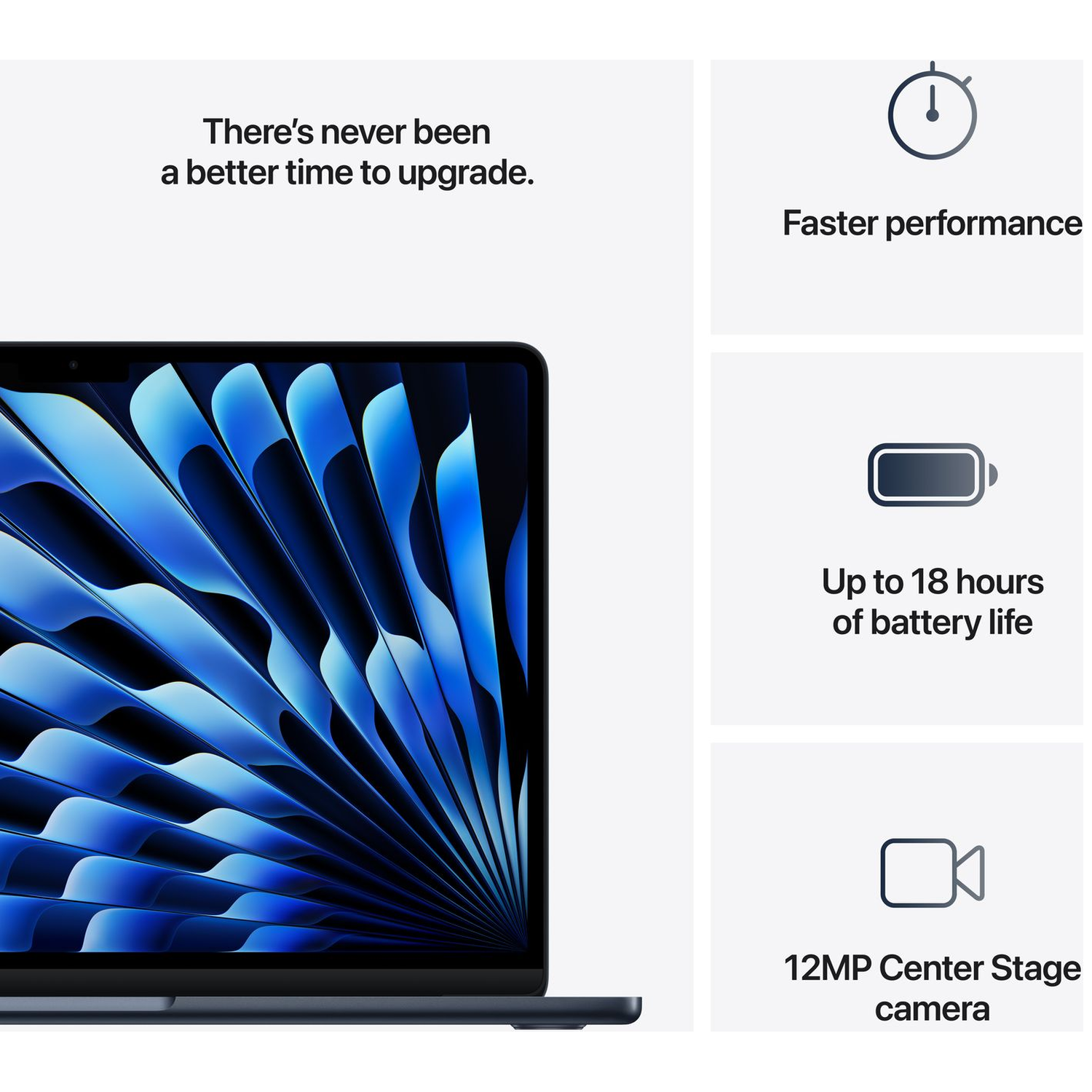 Laptop met blauwe achtergrond, snellere prestaties, 18 uur batterij, 12MP camera.