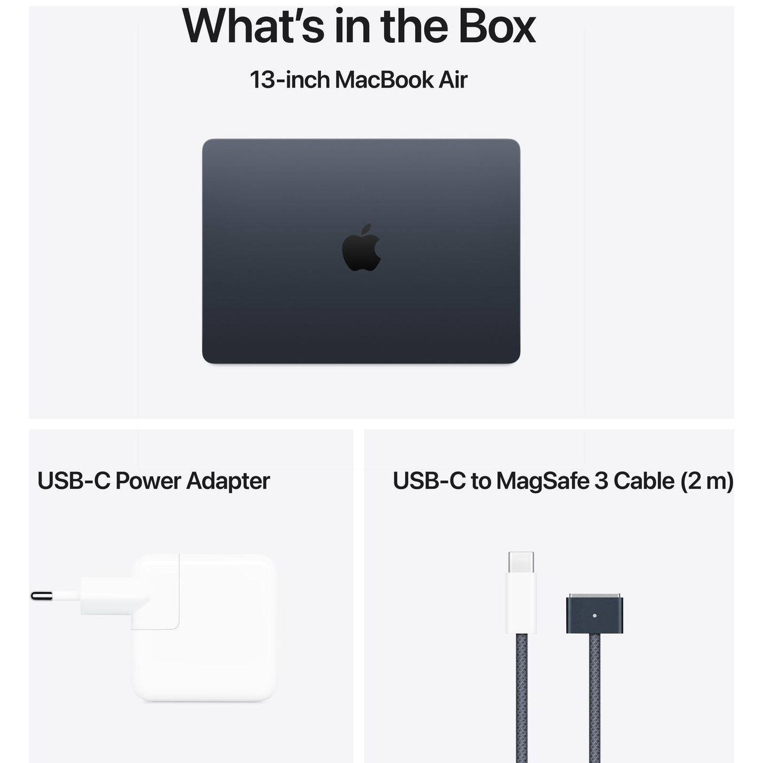 Een MacBook Air, een witte USB-C voedingsadapter en een kabel.