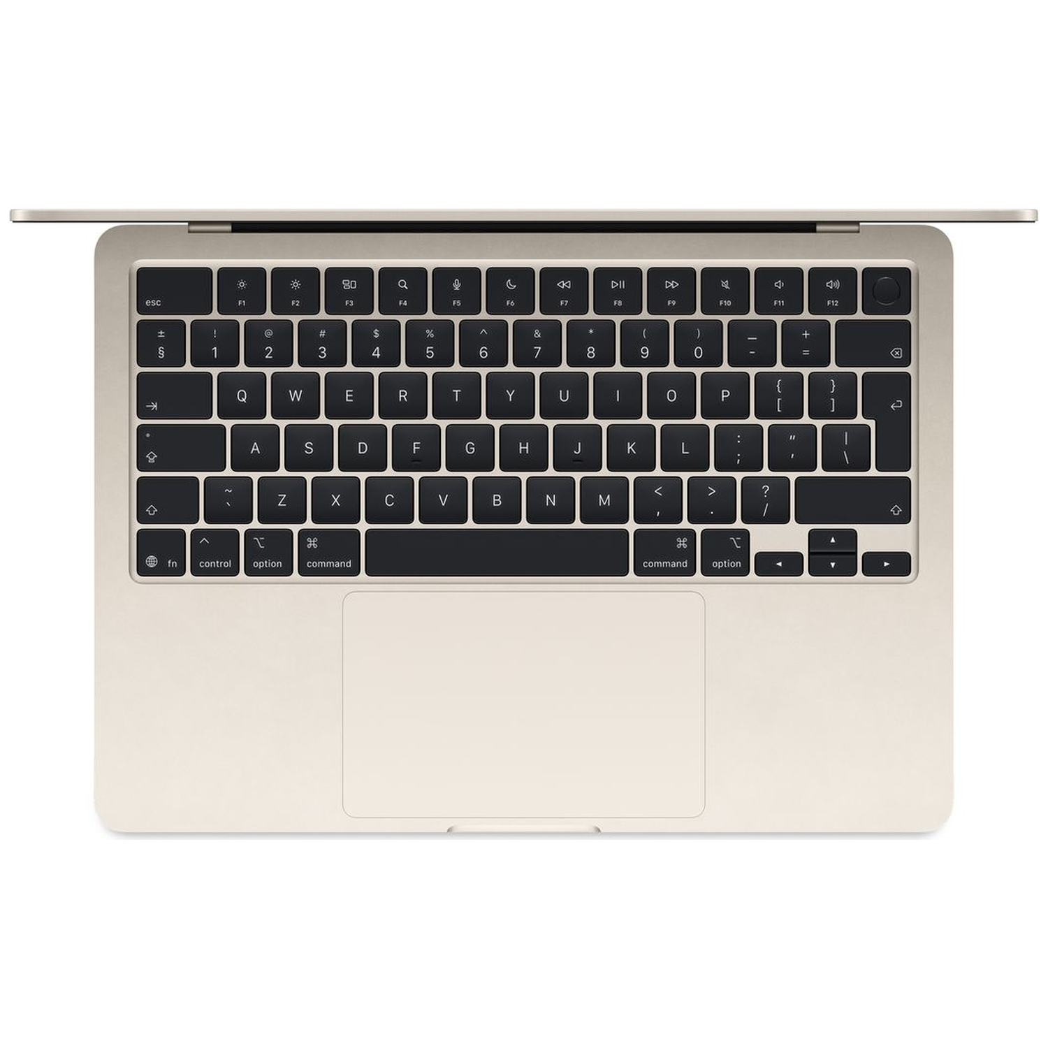 Gouden laptop toetsenbord met zwarte toetsen en trackpad, bovenaanzicht.