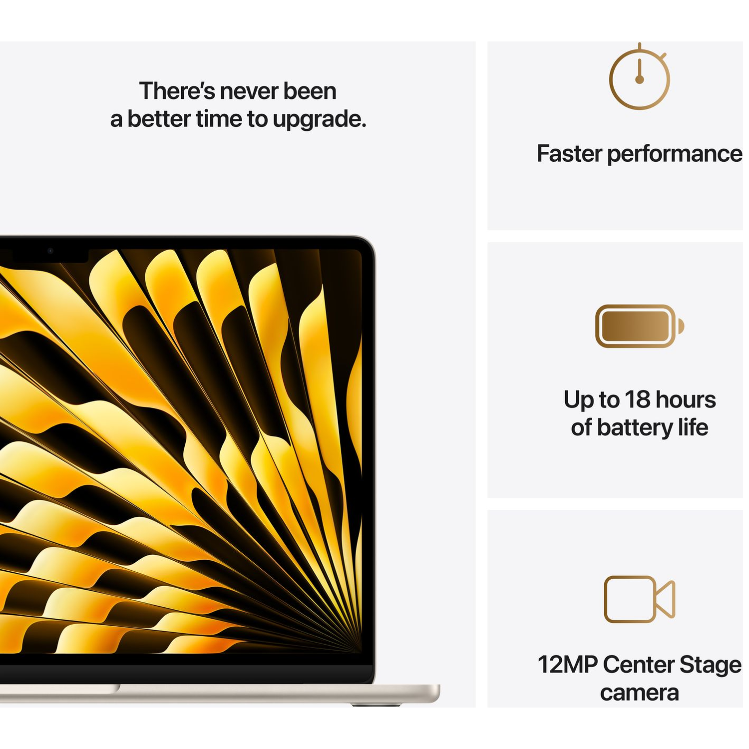 Laptop met gouden abstracte achtergrond. Kenmerken: snellere prestaties, 18 uur batterij, 12MP camera.